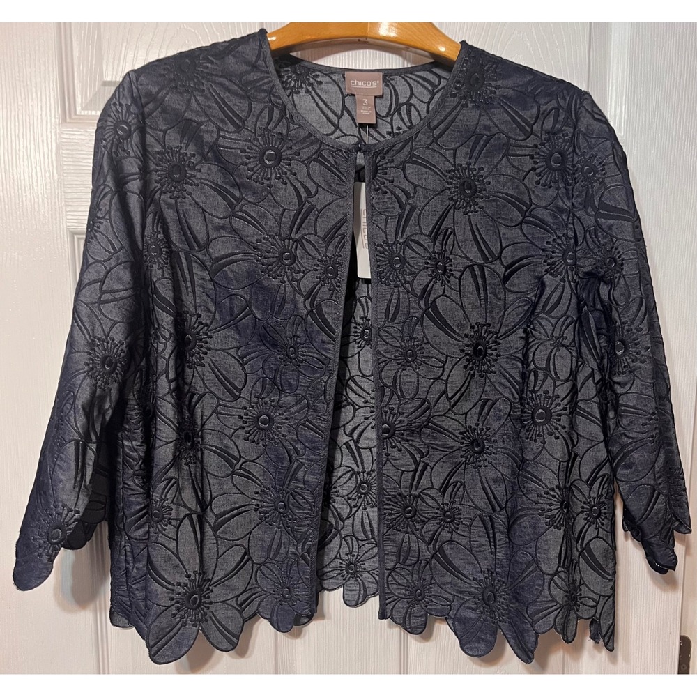 Chicos Navy Blue Floral Embroidered Scalloped Hem Open Front Jacket Sz 3 (2XL)